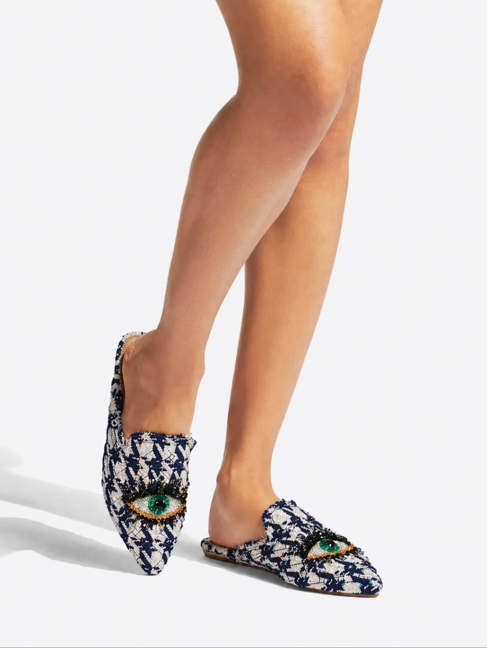 Kurt Geiger Mules 5 Blue White Tweed Plaid Olive Eye Fray Beaded Pointy New $195 - Picture 3 of 17
